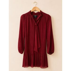 DKNY Pleated Tie Neck Dress Size 2 Burgundy Long Sleeve EUC